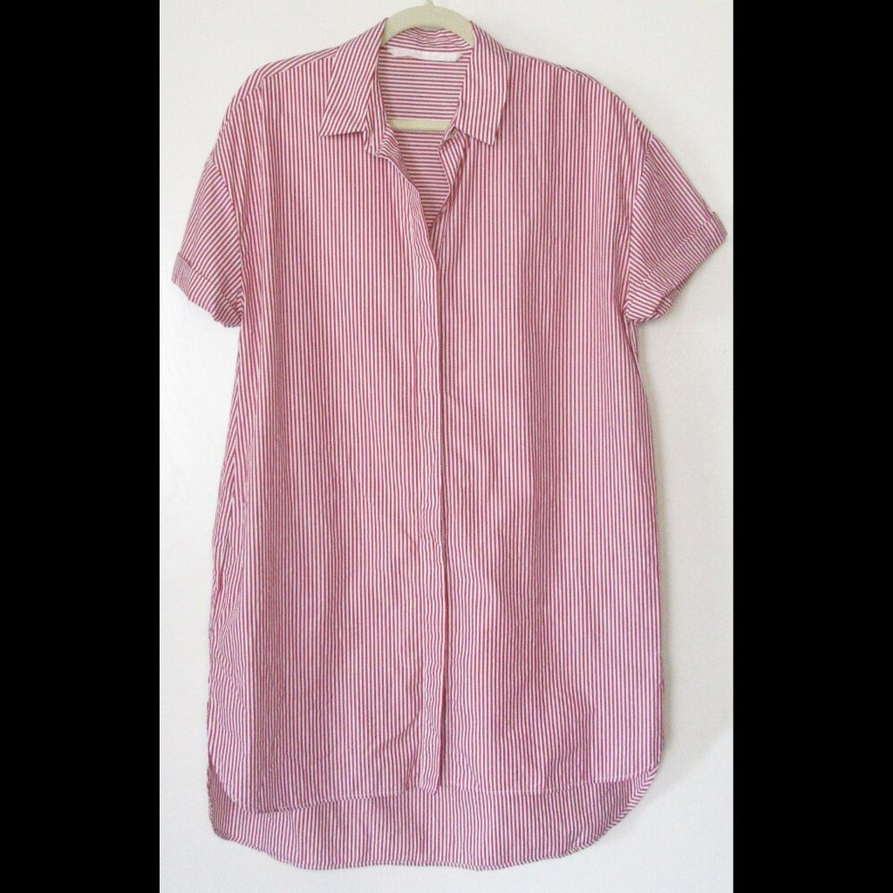 Shirt dress with red & white pinstripes, size M